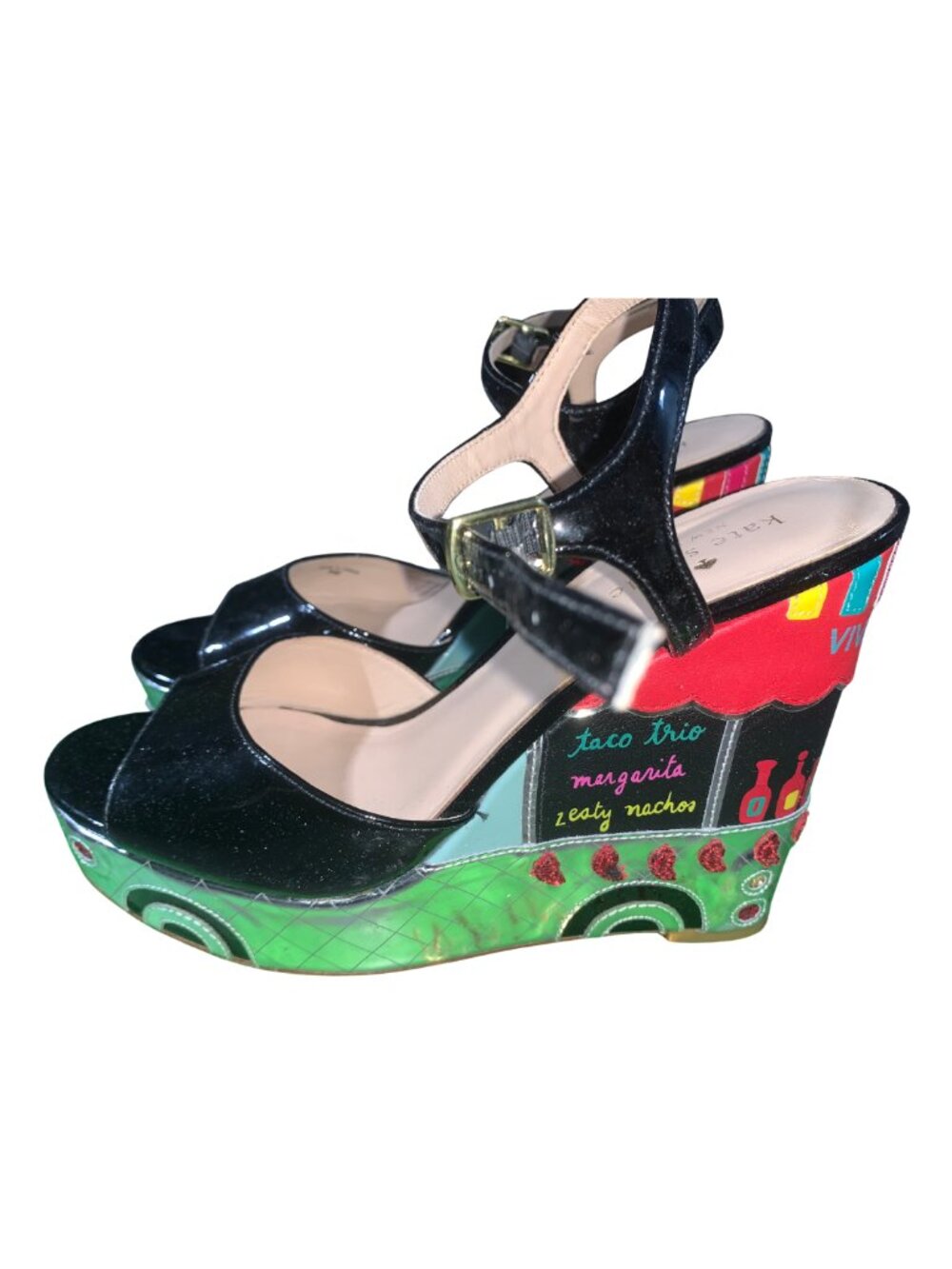 Kate Spade Taco Truck Dora Wedge Platform Sandals  Black Patent Sz8 - Pre Loved